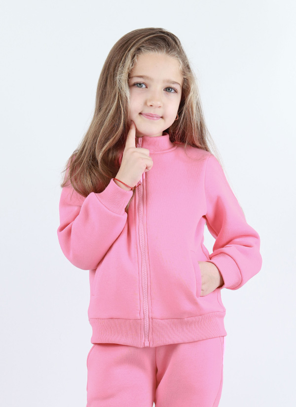 Суитшърт - дебел ватиран плат е изчистен класически суитшърт, който се закопчава с цип в розов цвят, снимка с модел, Момичета 2 - 12 години, Zinc