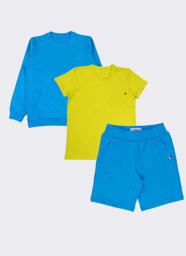К-т суитшърт, тениска и къс панталон е от класически модел суитшърт с голям джоб тип кенгуру, с маншети на ръкавите и ластик на талията в цвят тъмен електрик, изчистена тениска с малък джоб в цвят силно жълт и класически къс панталон с два странични джоба в цвят тъмен електрик, Момчета 5 - 12 години, Zinc