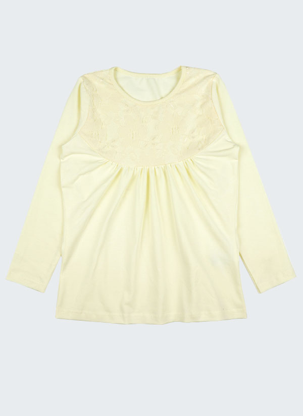 Блуза с дантела е изчистен модел в цвят шампанско, при който предната част е разделена на две - в горната половина има нежна дантела, а долната е с лек набор, Момичета 3 - 10 години, Zinc