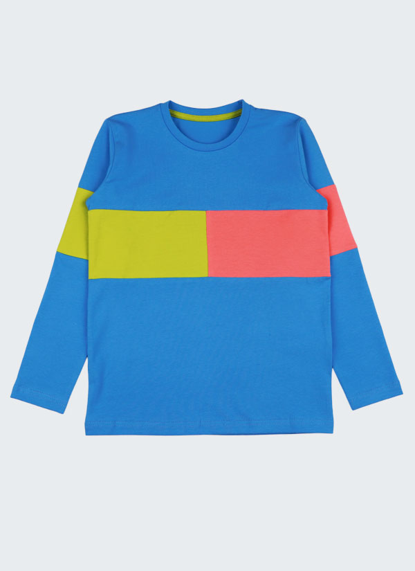 Блуза с цветни правоъгълници е изчистен модел в цвят аква и цветни правоъгълници на предната част и ръкавите в цвят горчица и корал, Момчета 3 - 10 години, Zinc
