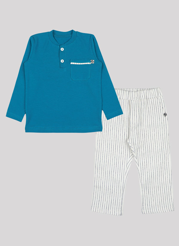 К-т риза и панталон е от изчистена блуза тип риза с две копчета на деколтето и малък джоб в лявата част в цвят тъмен петрол. Панталонът е от памучен плат с ластик на талията, подгъв на крачолите и два странични джоба в бял цвят със синьо райе, Момчета 6 месеца - 3 години, Zinc