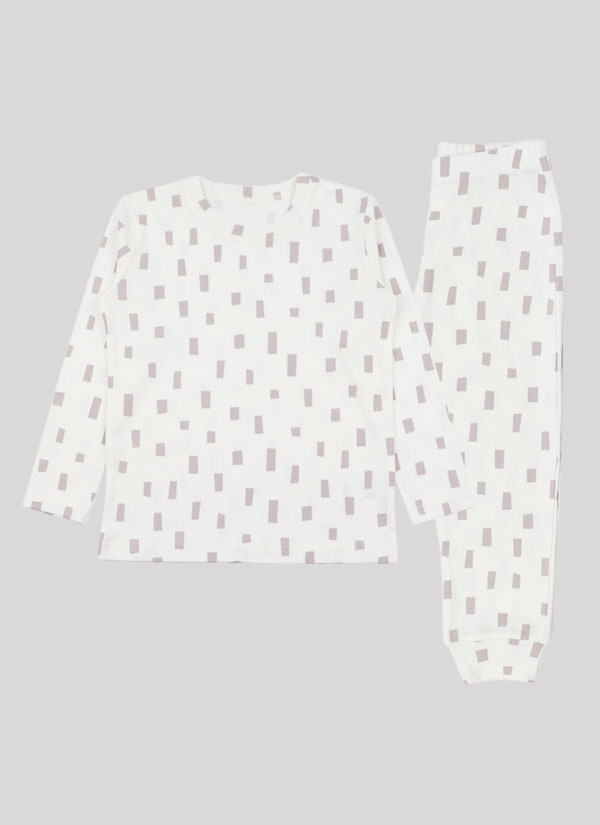 Пижама с принт е от класическа блуза с обло деколте, подгъв на ръкавите и талията и долнище с ластик на талията и маншети на крачолите. Цвят на комплекта: екрю с принт на правоъгълници, Момчета 1 - 6 години, Zinc