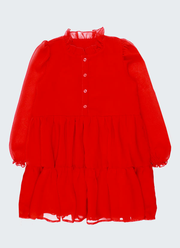 Ефирна рокля от шифон е със свободен силует разкроена в долната част на волани. В горната част роклята е тип риза с копчета и къдри на яката. Моделът е с дълги ръкави, които завършват с фин ластик, който образува къдри. Роклята е с памучна подплата по цялата дължина в червен цвят, Момичета 4 - 12 години, Zinc