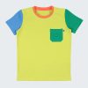 Тениска с цветни ръкави и джоб е с основен цвят горчица, левият ръкав и джобът са в бг зелен цвят, десният ръкав е в цвят аква, бието по врата е в цвят корал, Момчета 2 - 10 години, Zinc