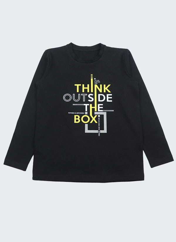 Блуза с принт "Think outside the box" е с класическа кройка, подгъв на ръкавите и талията в черен цвят, Момчета 3 - 12 години, Zinc