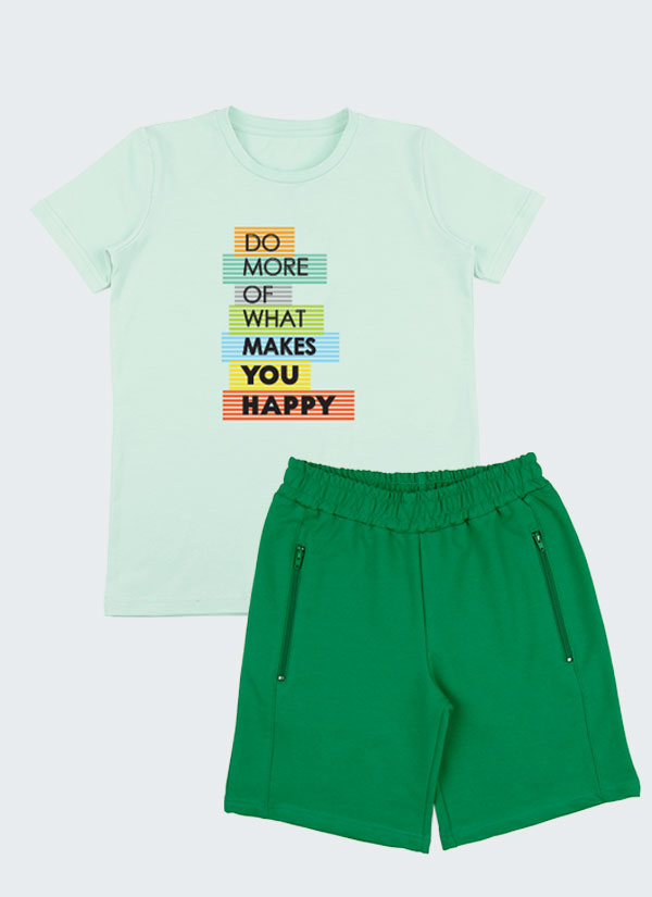 Тениска с цветен принт и къс панталон с цип е комплект от тениска с класическа кройка и принт с послание "Прави повече от това, което те прави щастлив" в цвят млечна мента и класически къс панталон с ципове на джобовете в цвят бг зелен, Момчета 3 - 10 години, Zinc